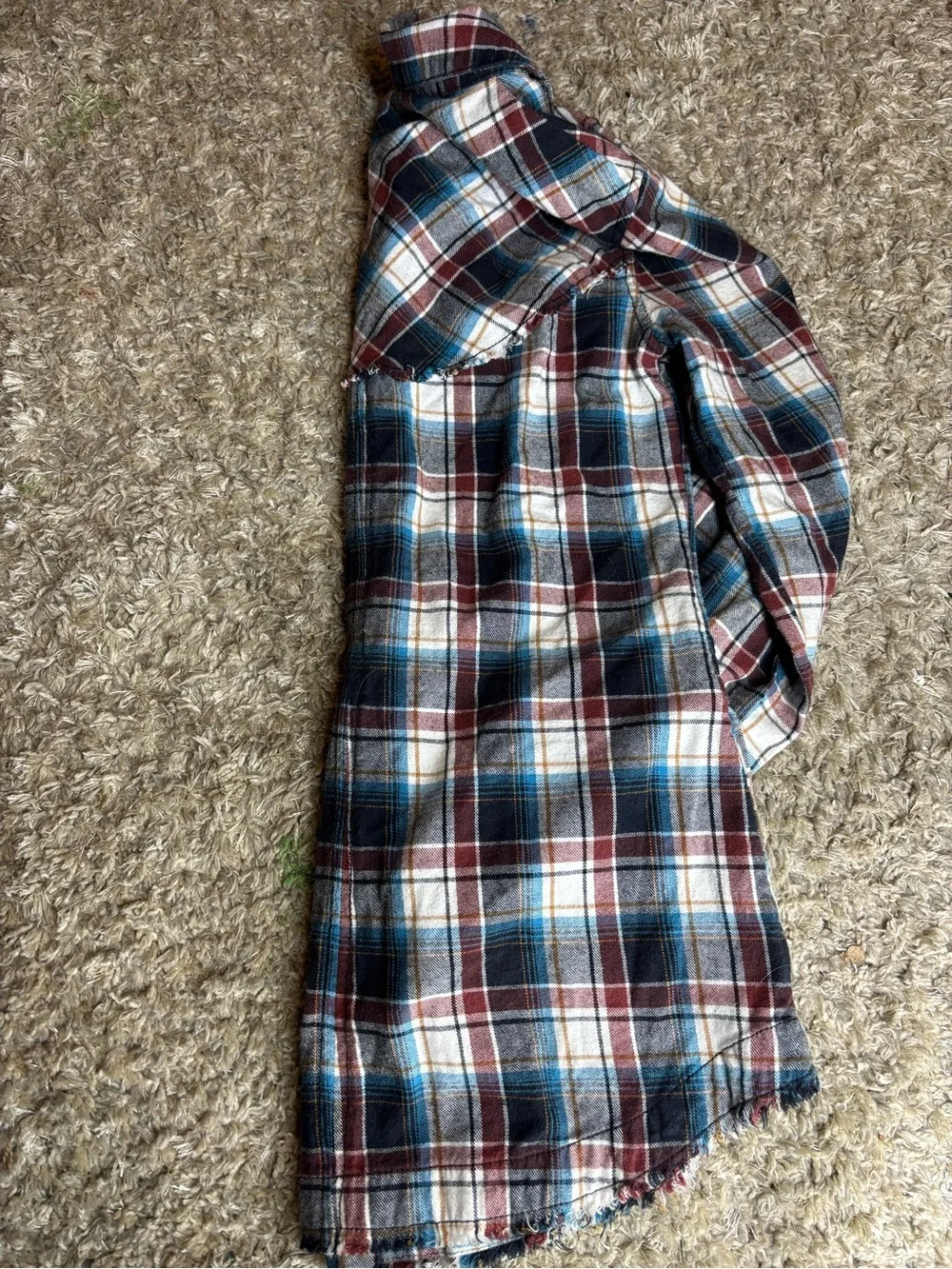 Free People We The Free Distressed Raw Hem Plaid Button-Down Shirt